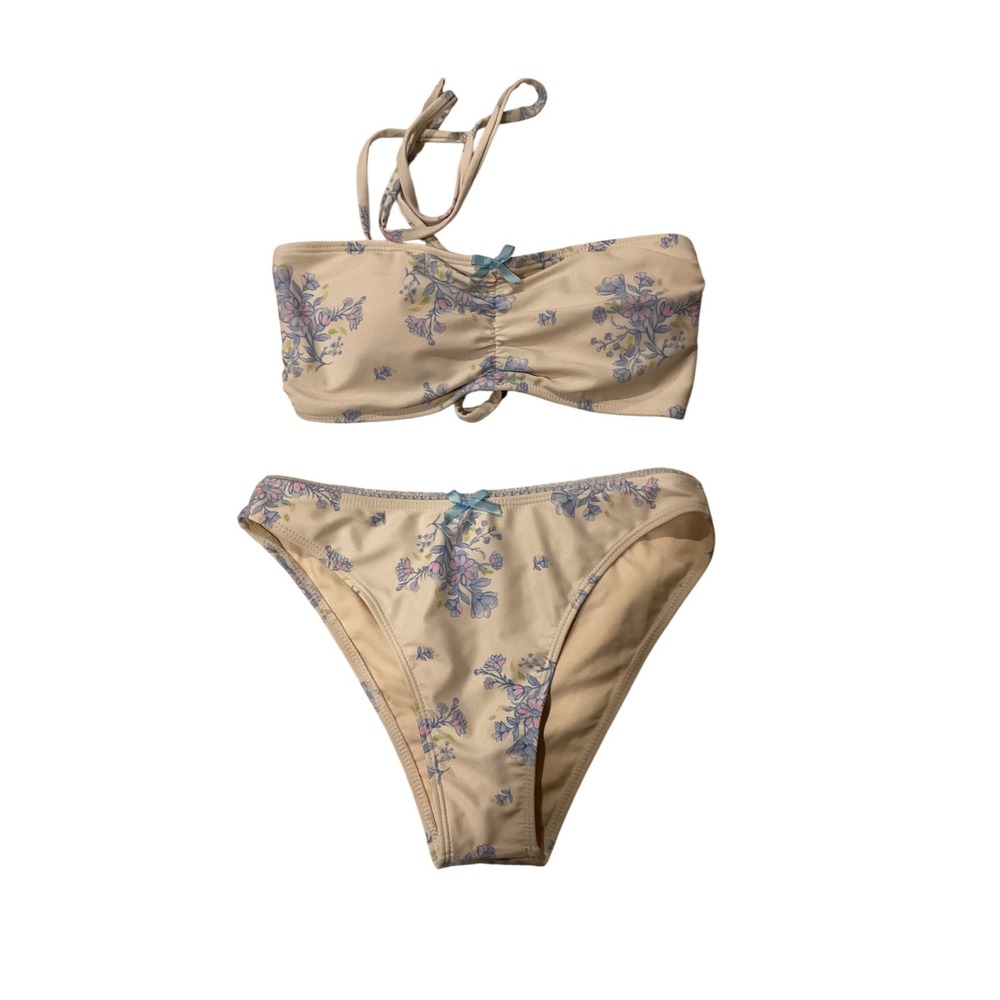 Zaful Floral Bandeau Bikini Set Cream Blue Pink Halter High Cut Two Piece‎ Sz 4